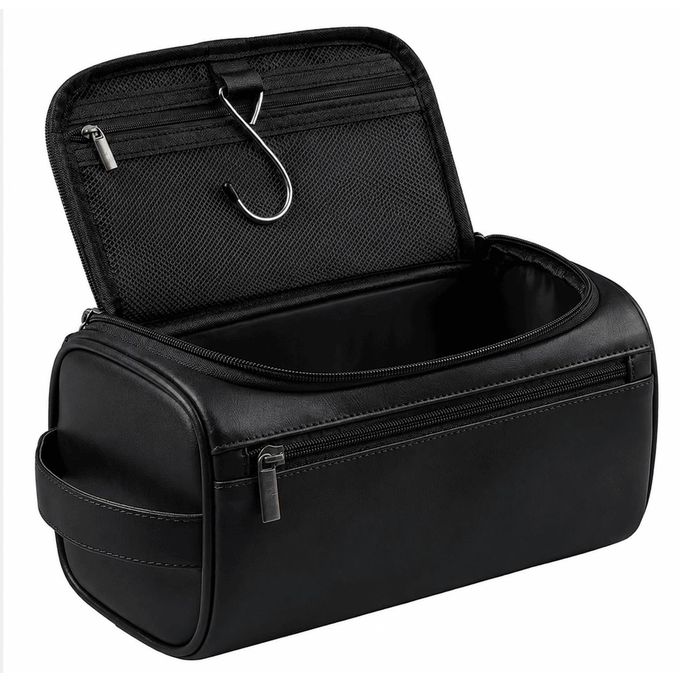 Executive Premium Matte Black Leather Hanging Toiletry Bag